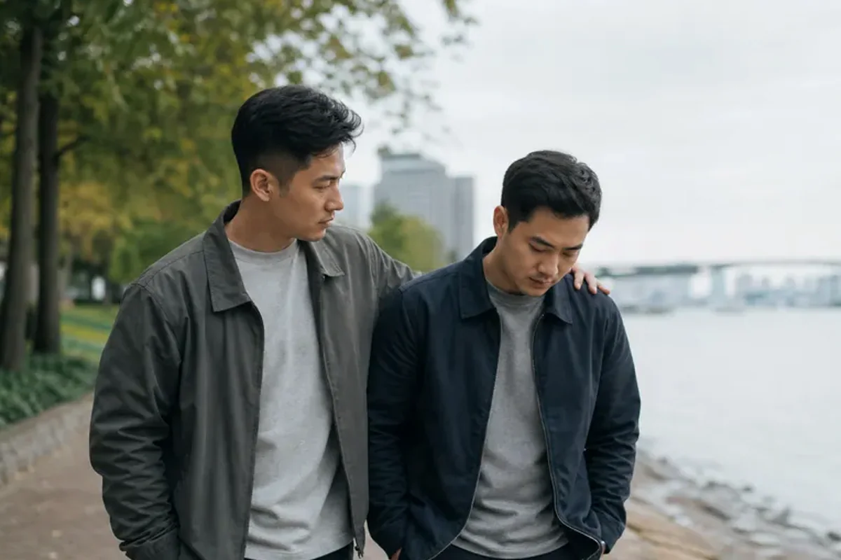 Two friends talking on a quiet park bench with attentive, unforced body language.