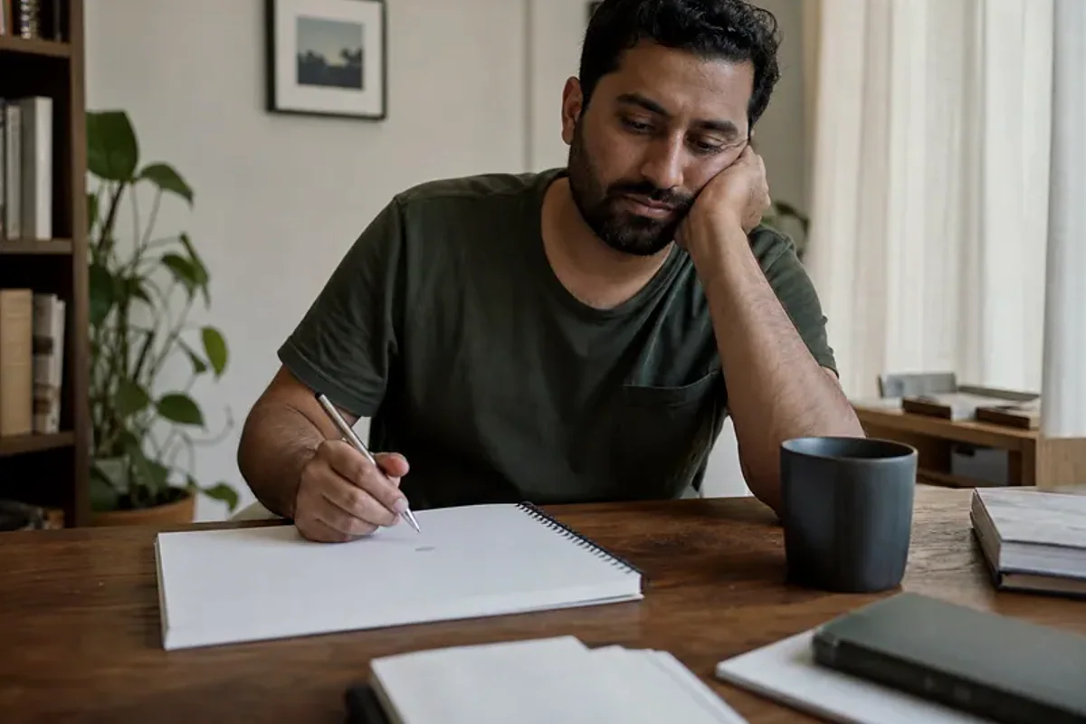 A person at a sunlit desk placing a phone face down and opening a notebook to one simple task.