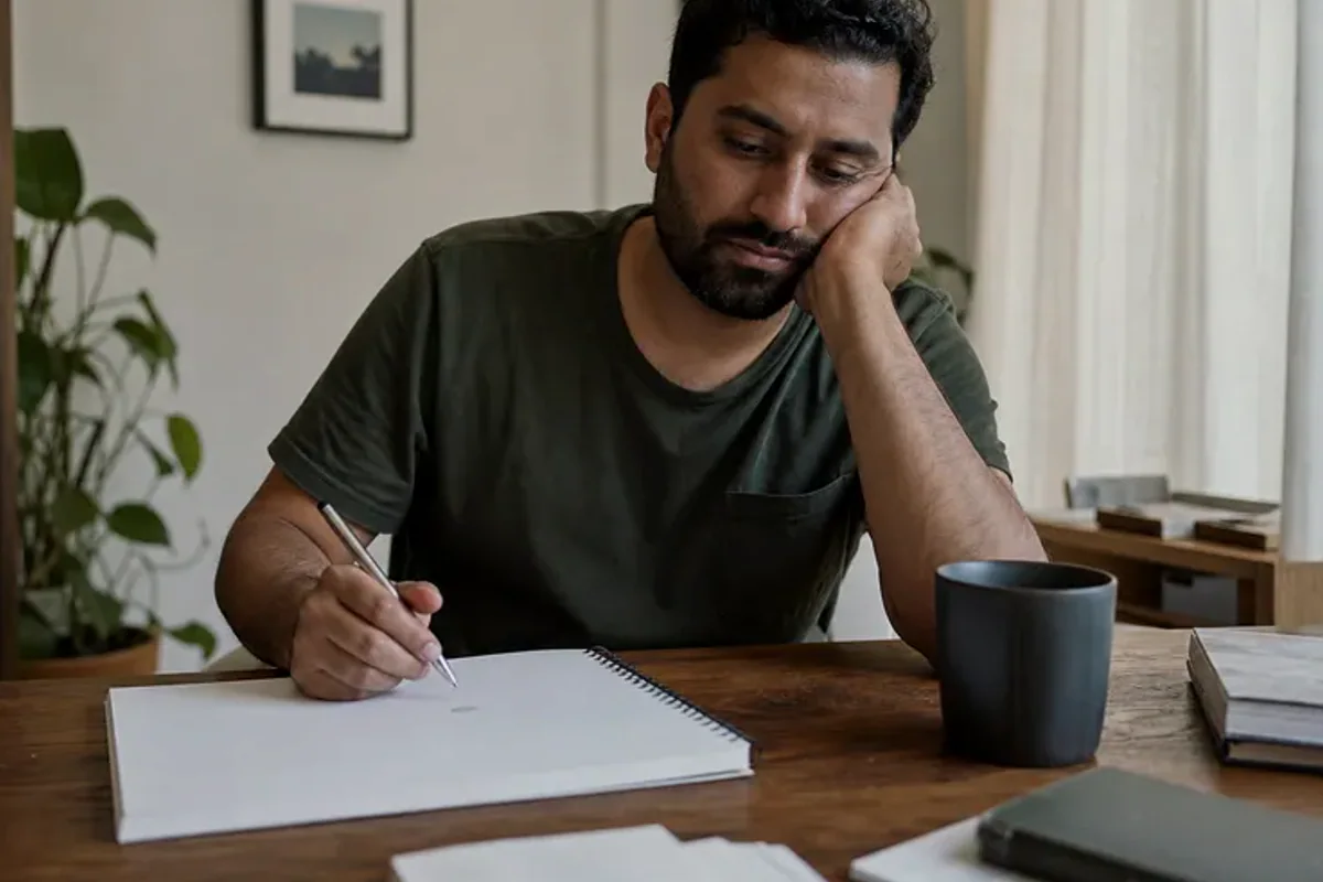 A person at a sunlit desk placing a phone face down and opening a notebook to one simple task.