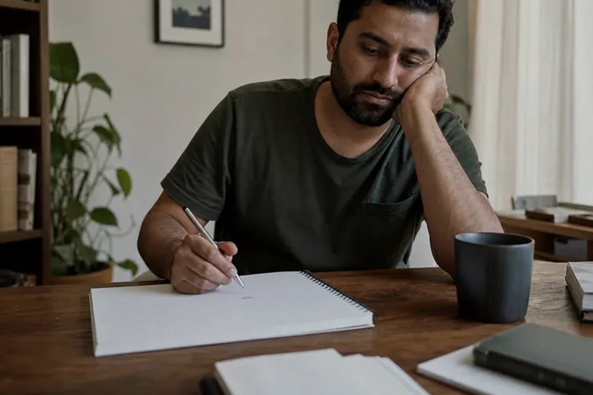 A person at a sunlit desk placing a phone face down and opening a notebook to one simple task.