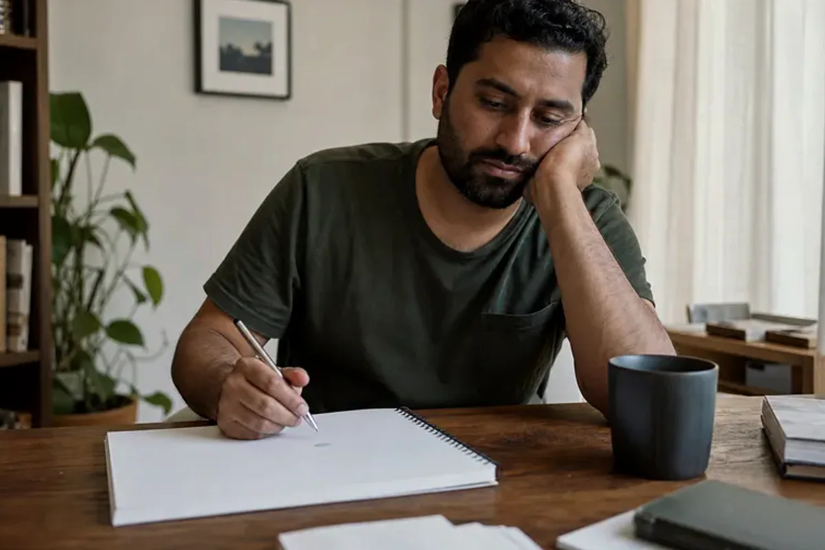 A person at a sunlit desk placing a phone face down and opening a notebook to one simple task.