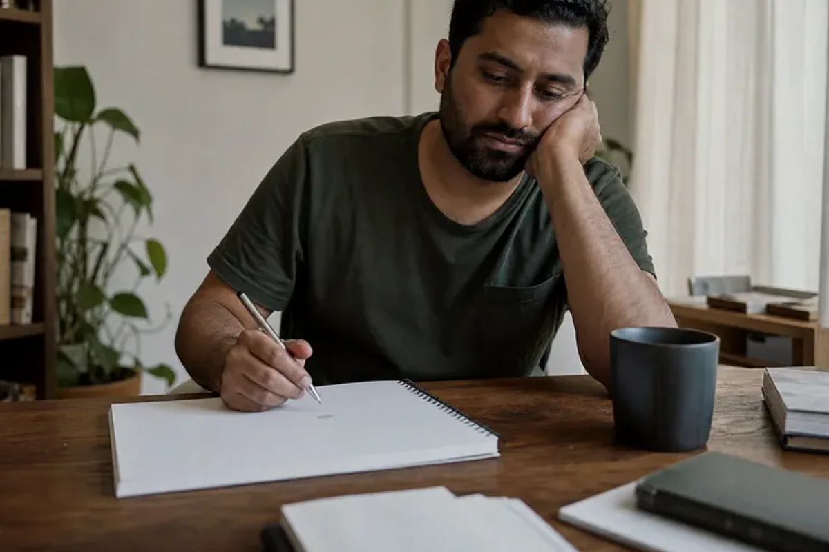 A person at a sunlit desk placing a phone face down and opening a notebook to one simple task.