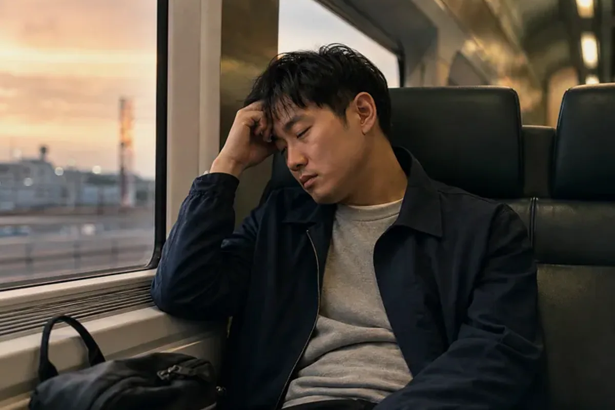 A person standing by a bright window, resting one hand lightly near the chest and noticing a slow breath.
