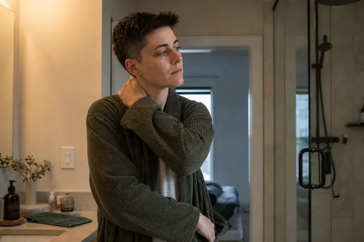 A person standing by a bright window, resting one hand lightly near the chest and noticing a slow breath.