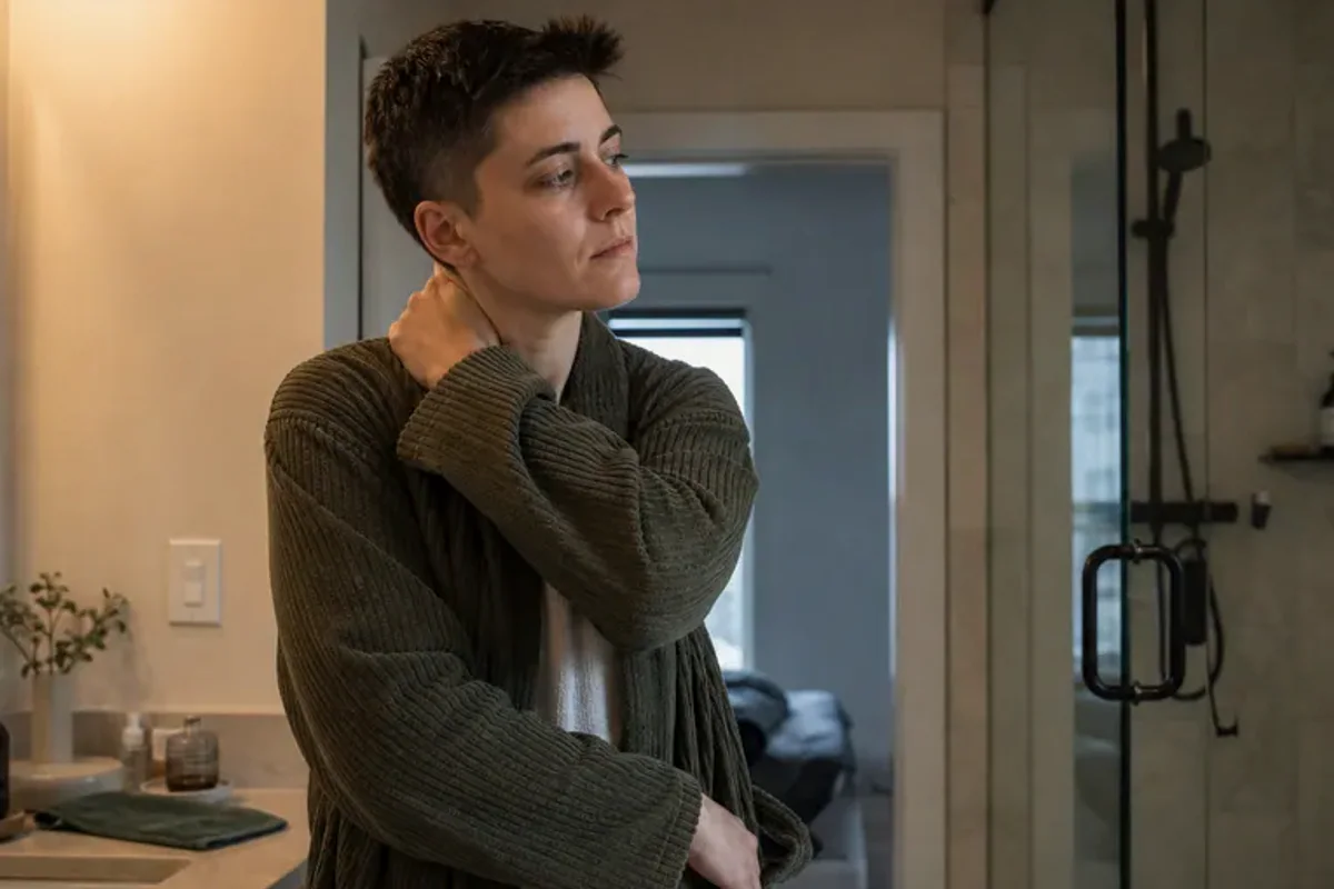 A person standing by a bright window, resting one hand lightly near the chest and noticing a slow breath.