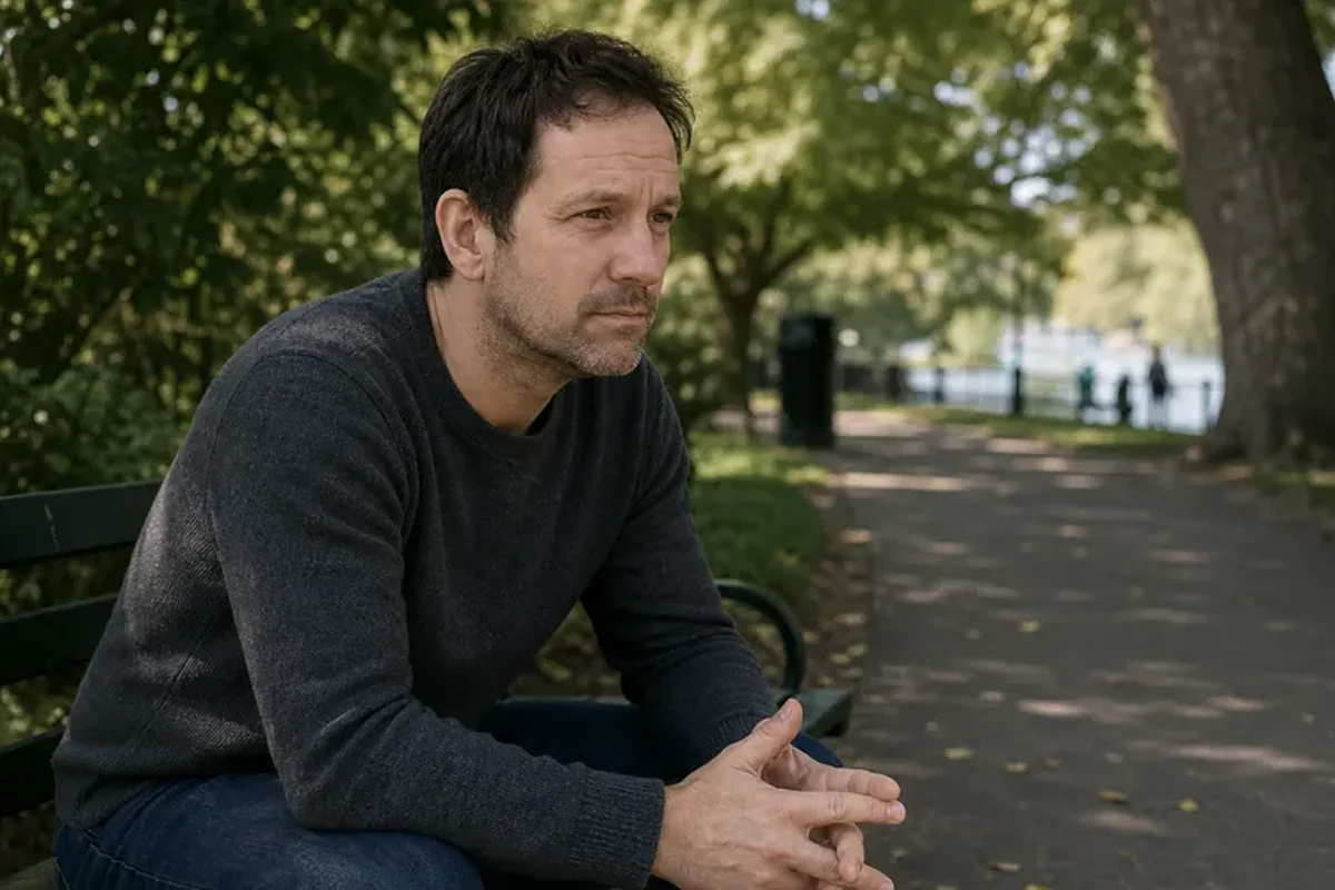 Two friends talking on a quiet park bench with attentive, unforced body language.