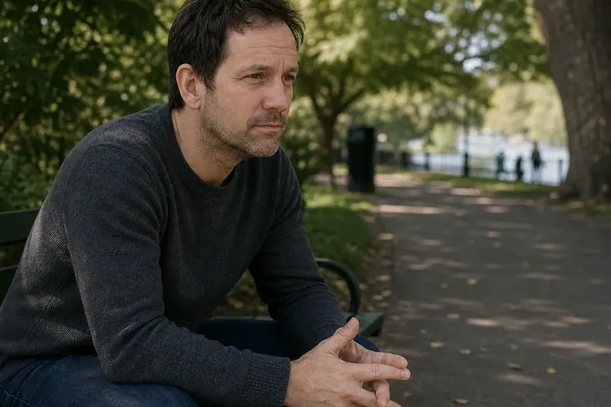 Two friends talking on a quiet park bench with attentive, unforced body language.