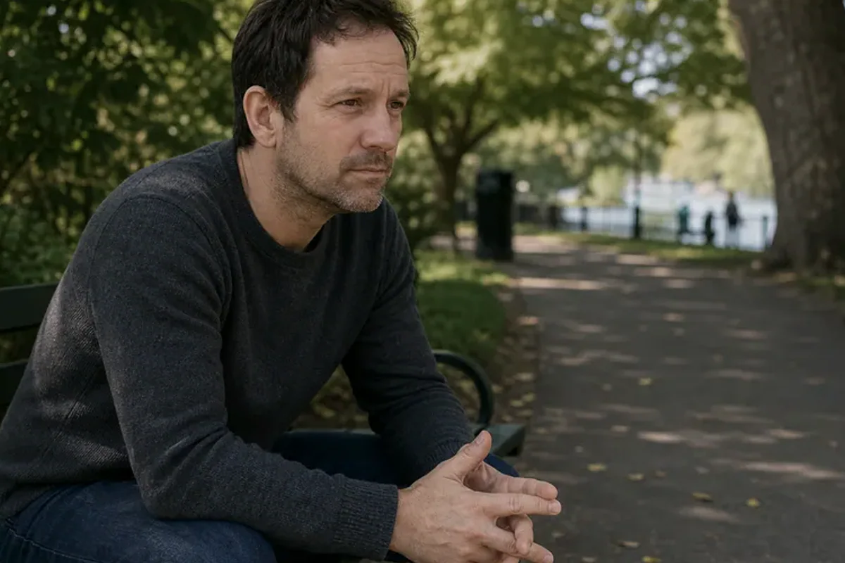 Two friends talking on a quiet park bench with attentive, unforced body language.