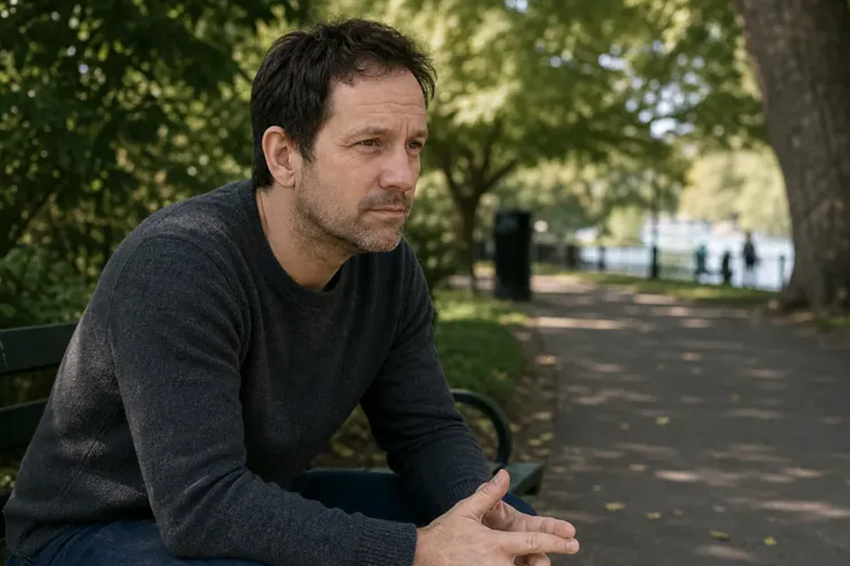 Two friends talking on a quiet park bench with attentive, unforced body language.