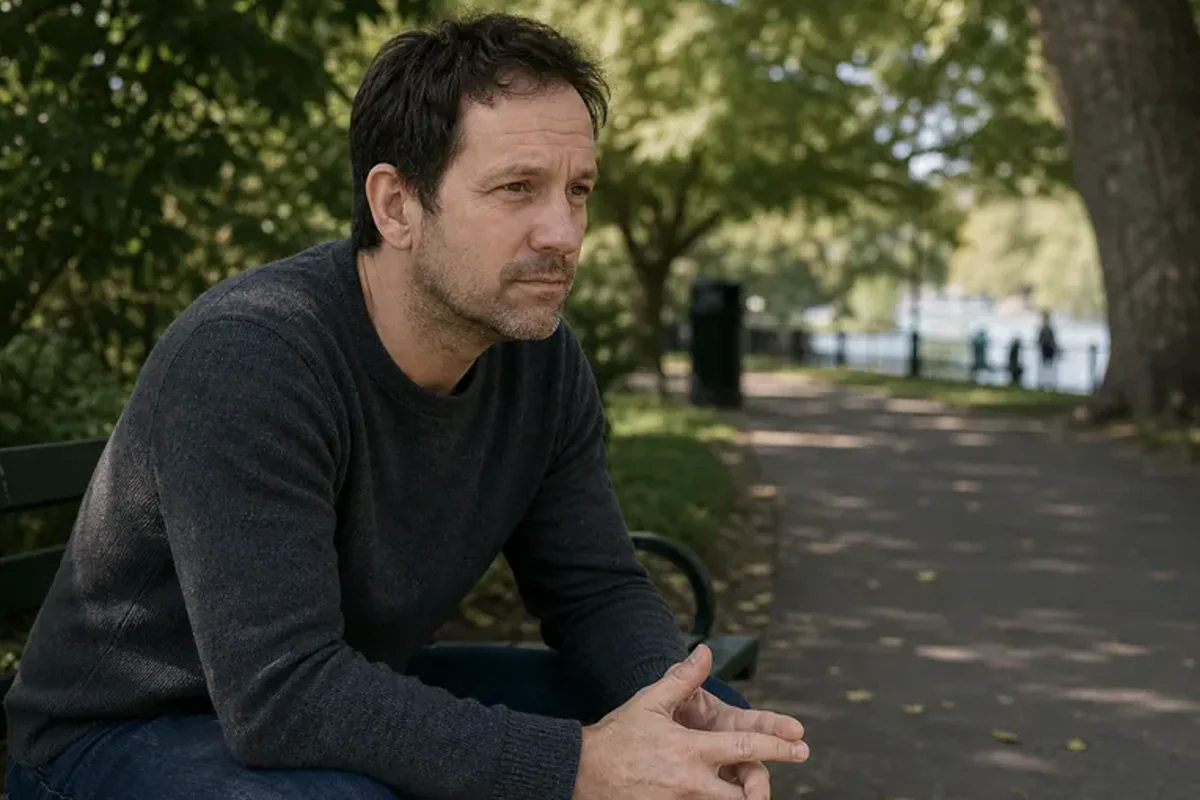Two friends talking on a quiet park bench with attentive, unforced body language.